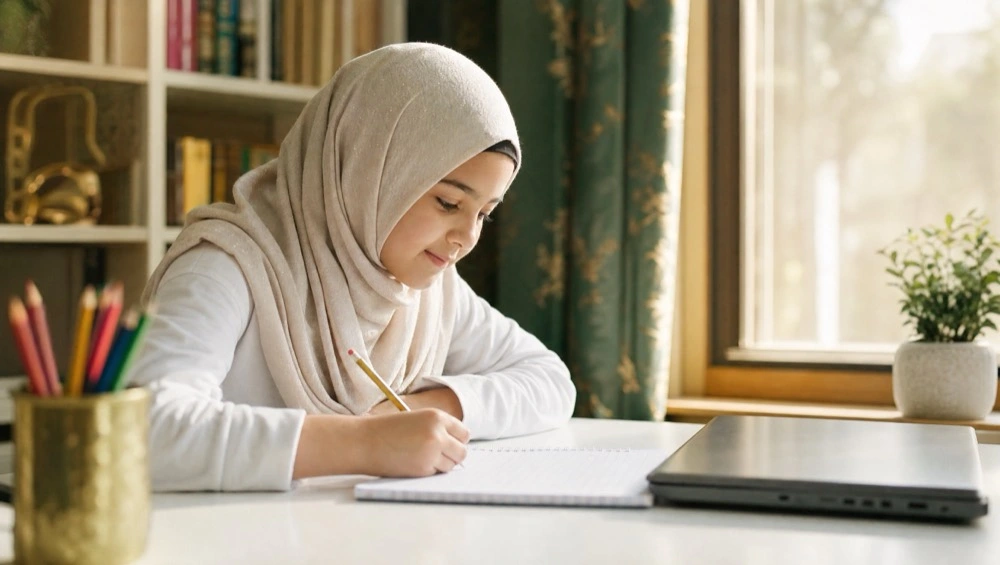A young girl practising Arabic writing