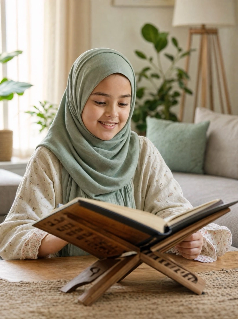 A young girl reading calmly at home