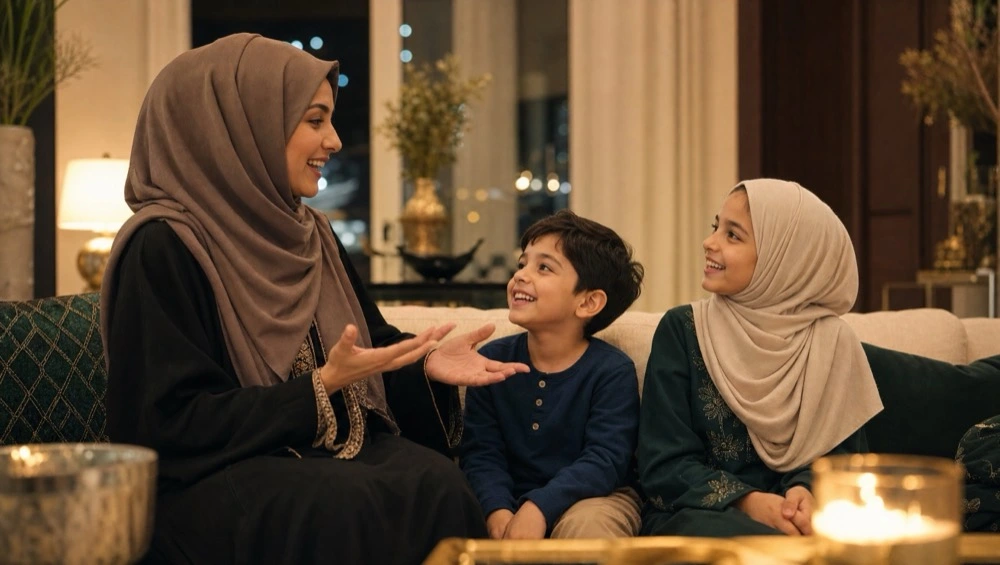 A mother sharing a story with her two children at home