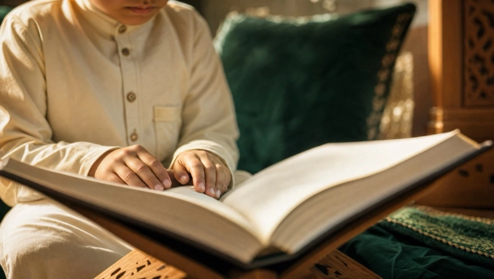A child's hand following the lines of the Qur'an