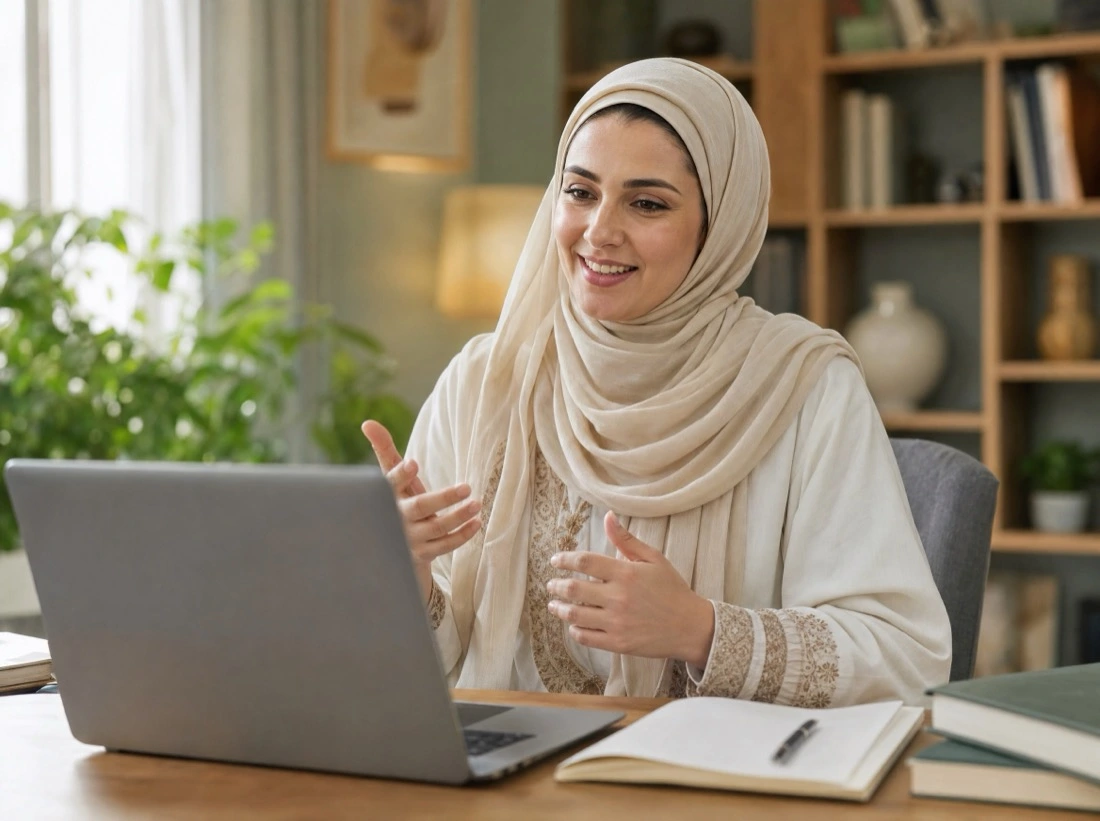 An EmanTime teacher smiling during an online class