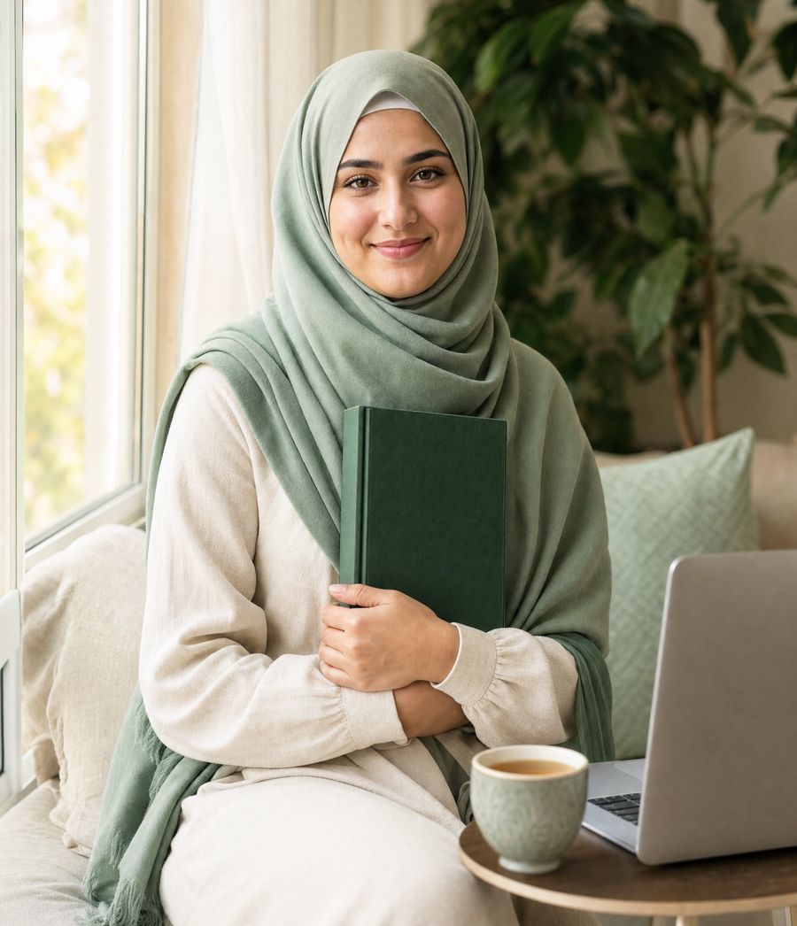 A smiling woman in a sage-green hijab holding a Qur'an at home