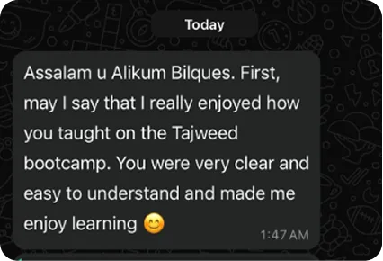 Student message praising a Tajweed teacher for being clear, easy to understand and making learning enjoyable